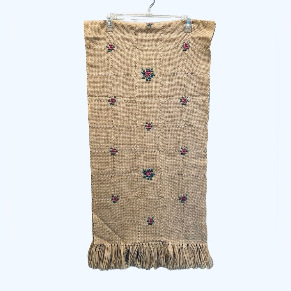 Vintage Beige Wool Scarf Wrap Cross Stitch Flowers Fringe Trim 17x72 Cottagecore